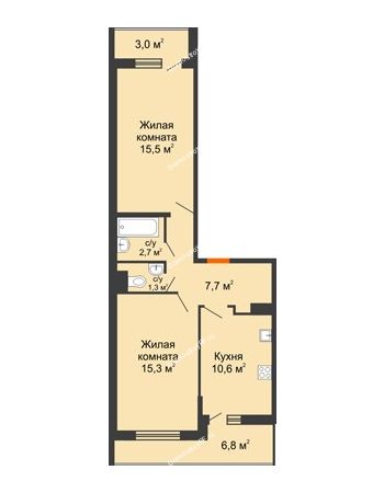 2 комнатная квартира 56,9 м² в ЖК Акварели-2, дом Литер 4