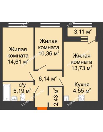 2 комнатная квартира 58,57 м² в ЖК Дом на Набережной, дом № 1