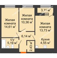 2 комнатная квартира 58,57 м² в ЖК Дом на Набережной, дом № 1 - планировка