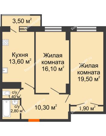 2 комнатная квартира 66,7 м² в ЖК Восточный парк, дом Литер 3