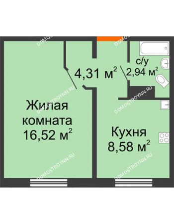 1 комнатная квартира 32,35 м² в ЖК Торпедо, дом № 15