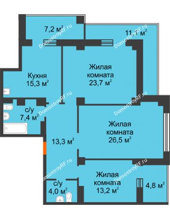 3 комнатная квартира 112,7 м² в ЖК Перья, дом № 1, 4 этап