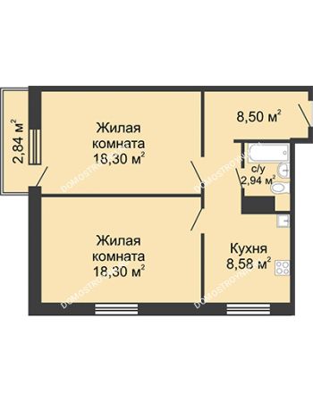 2 комнатная квартира 57,47 м² в ЖК Бурнаковский, дом № 46