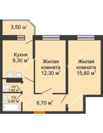 2 комнатная квартира 48,9 м² в ЖК Олимпийский, дом Литер 2