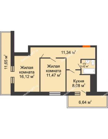 2 комнатная квартира 60 м² в ЖК Боярский двор, дом 2 очередь