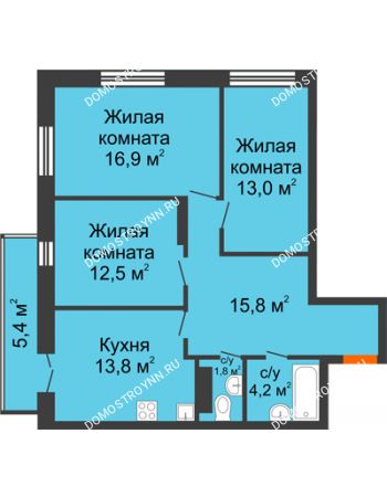 3 комнатная квартира 80 м² в ЖК Заречье, дом №1, секция 2