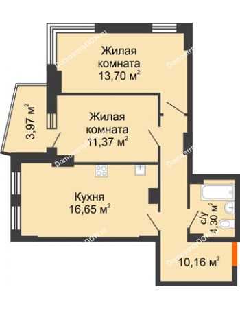 2 комнатная квартира 58,24 м² в ЖК Город у реки, дом Литер 7