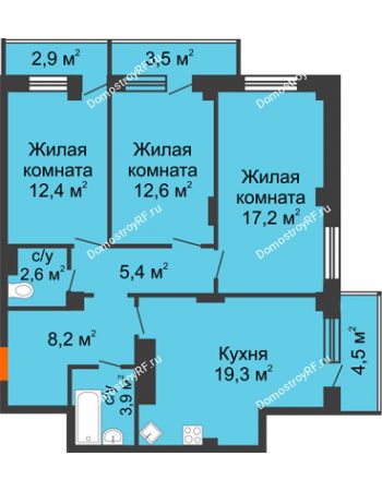 3 комнатная квартира 92,5 м² - ЖК Губкина,54