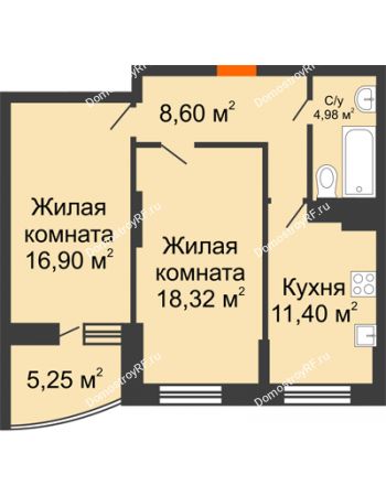 2 комнатная квартира 62,82 м² в ЖК Россинский парк, дом Литер 1
