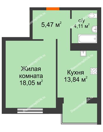 1 комнатная квартира 41,47 м² - ЖК Зеленый квартал 2