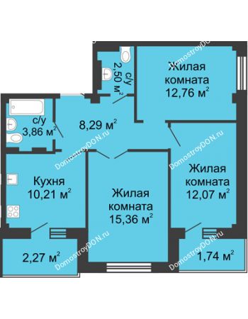 3 комнатная квартира 66,6 м² в ЖК Соловьиная роща, дом № 4