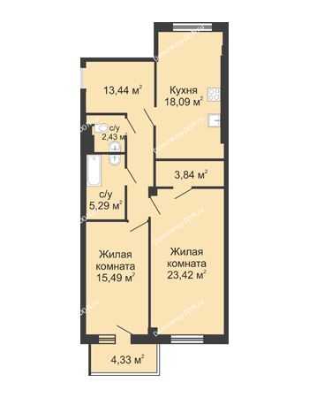 2 комнатная квартира 84,16 м² - ЖК Маяк