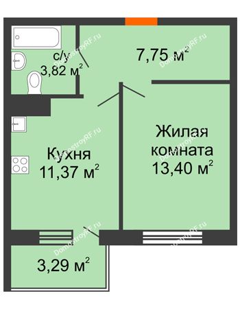 1 комнатная квартира 37,31 м² в ЖК Юго-Западный	, дом ГП-1