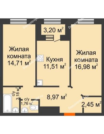 2 комнатная квартира 61,16 м² в ЖК Кубанский (Московский), дом Литер 4