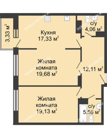 2 комнатная квартира 76,52 м² в ЖК Высоково, дом № 3