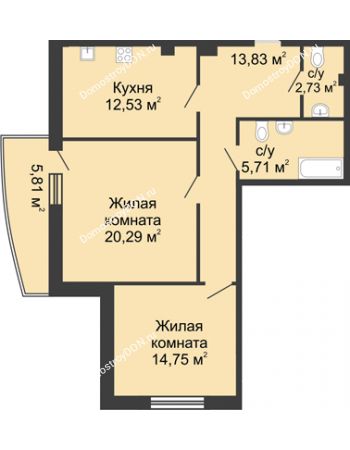 2 комнатная квартира 75,4 м² в ЖК Тихий Дон, дом № 1