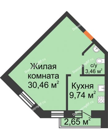 1 комнатная квартира 46,31 м² - ЖК На Владимирской